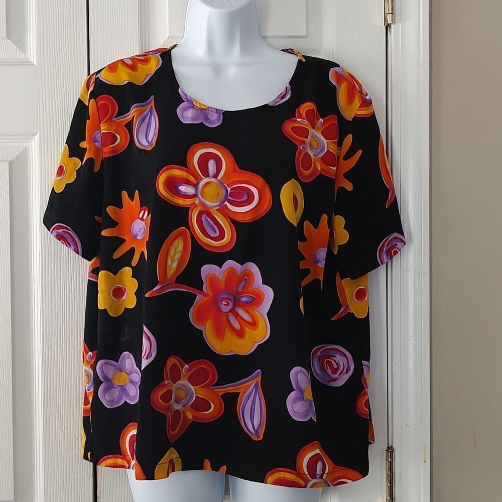 Cricket Lane Vintage black bright floral print top  Sz 16
